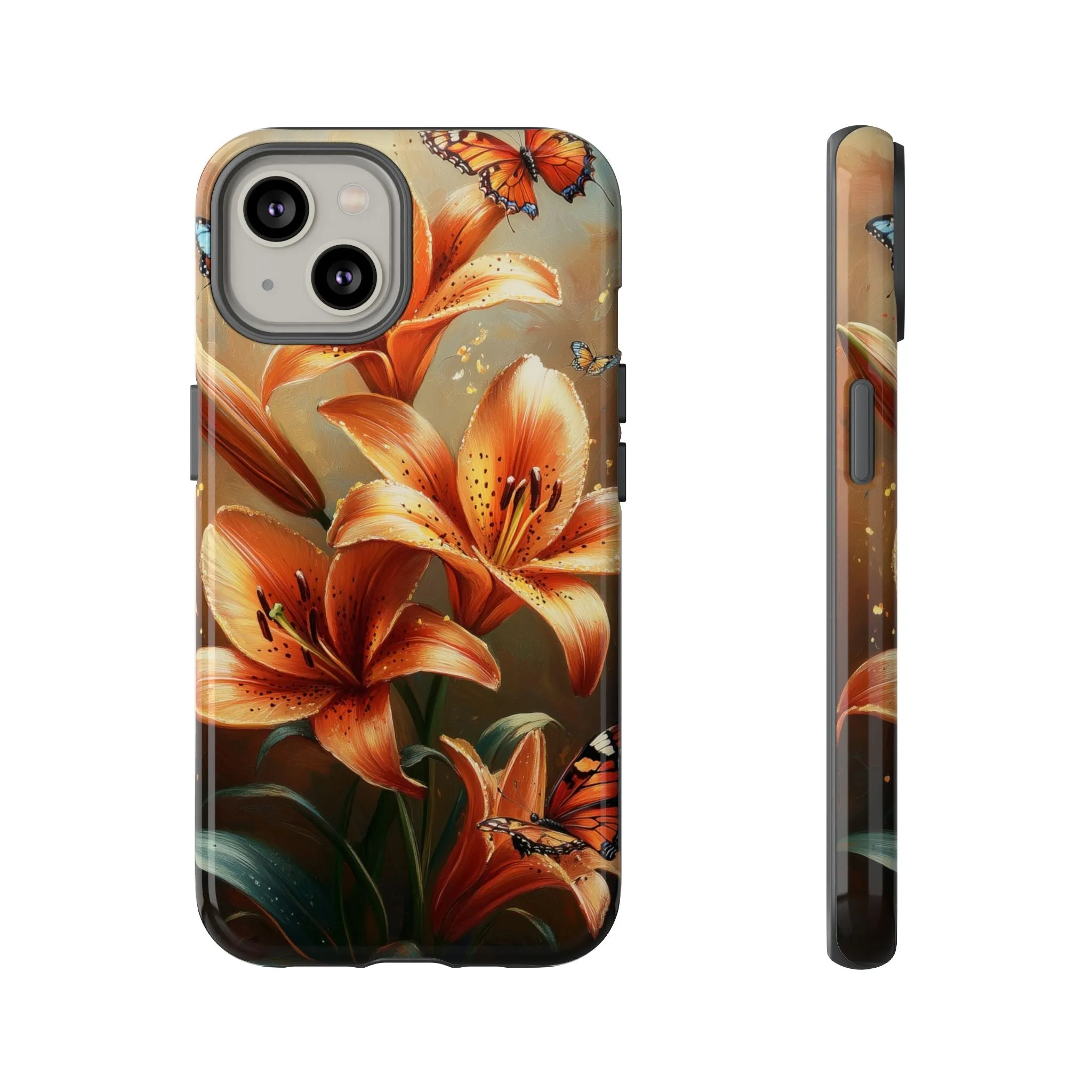 Cute Tiger Lily Tough Phone Case, Flowers Floral Butterfly iPhone 16 15 14 13 Pro Max 12 11 8 Plus X XR XS Galaxy S24 S23 S22 S21 Pixel