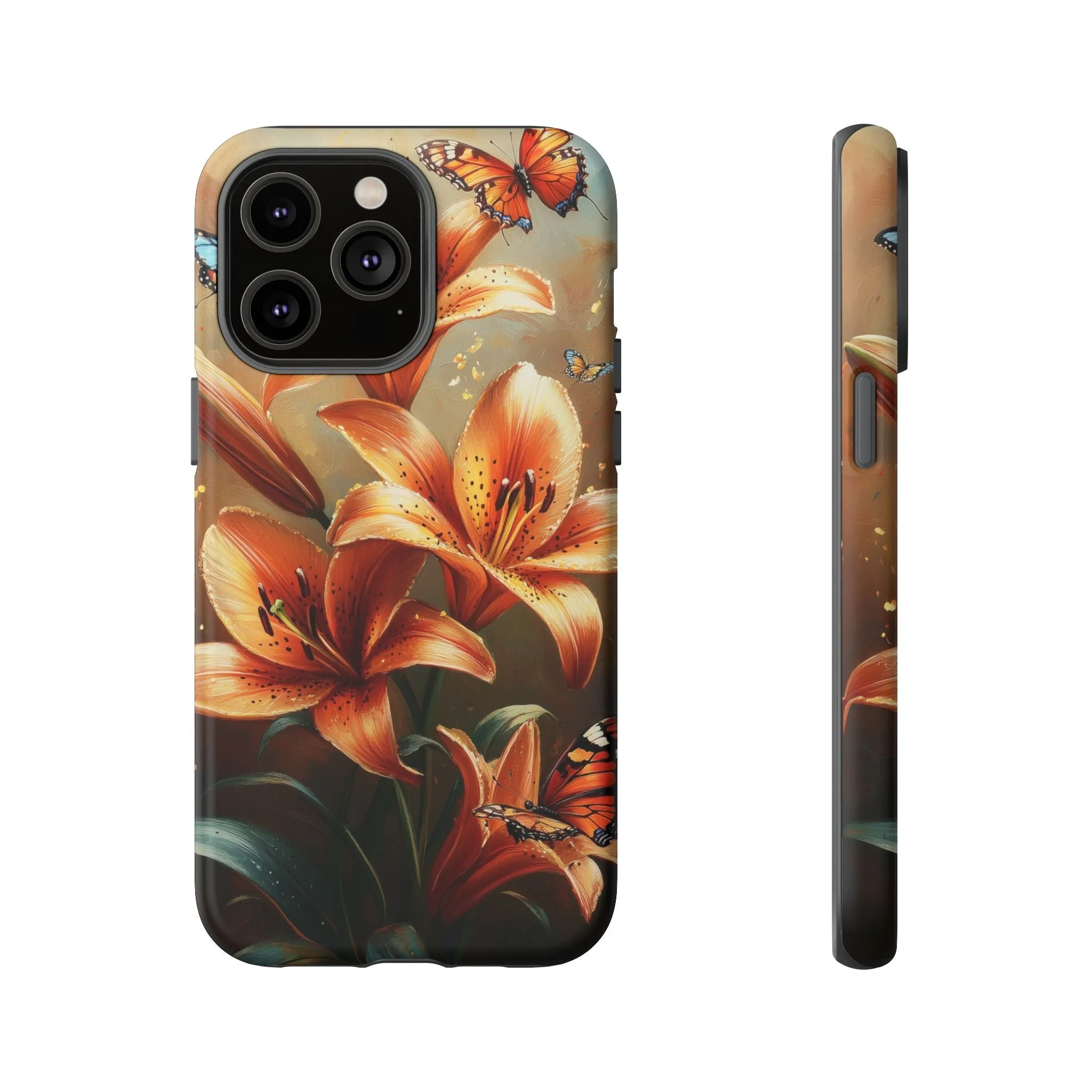 Cute Tiger Lily Tough Phone Case, Flowers Floral Butterfly iPhone 16 15 14 13 Pro Max 12 11 8 Plus X XR XS Galaxy S24 S23 S22 S21 Pixel