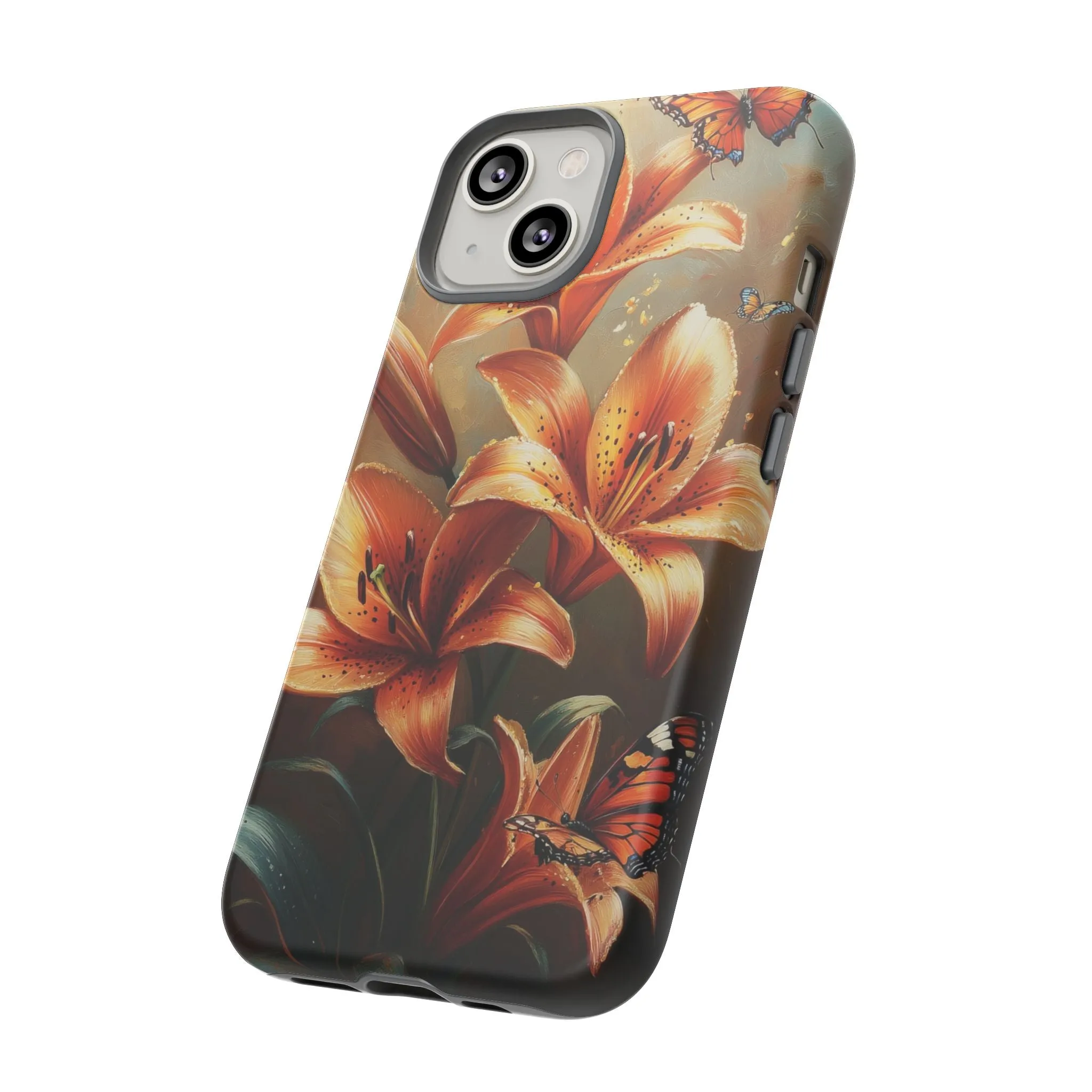 Cute Tiger Lily Tough Phone Case, Flowers Floral Butterfly iPhone 16 15 14 13 Pro Max 12 11 8 Plus X XR XS Galaxy S24 S23 S22 S21 Pixel