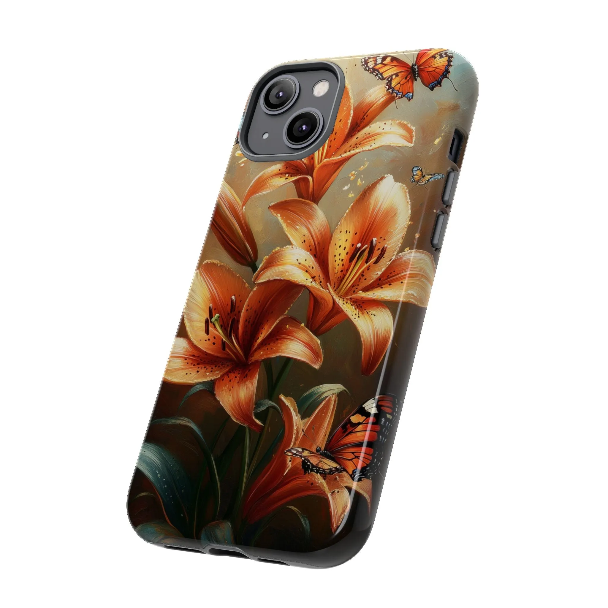 Cute Tiger Lily Tough Phone Case, Flowers Floral Butterfly iPhone 16 15 14 13 Pro Max 12 11 8 Plus X XR XS Galaxy S24 S23 S22 S21 Pixel