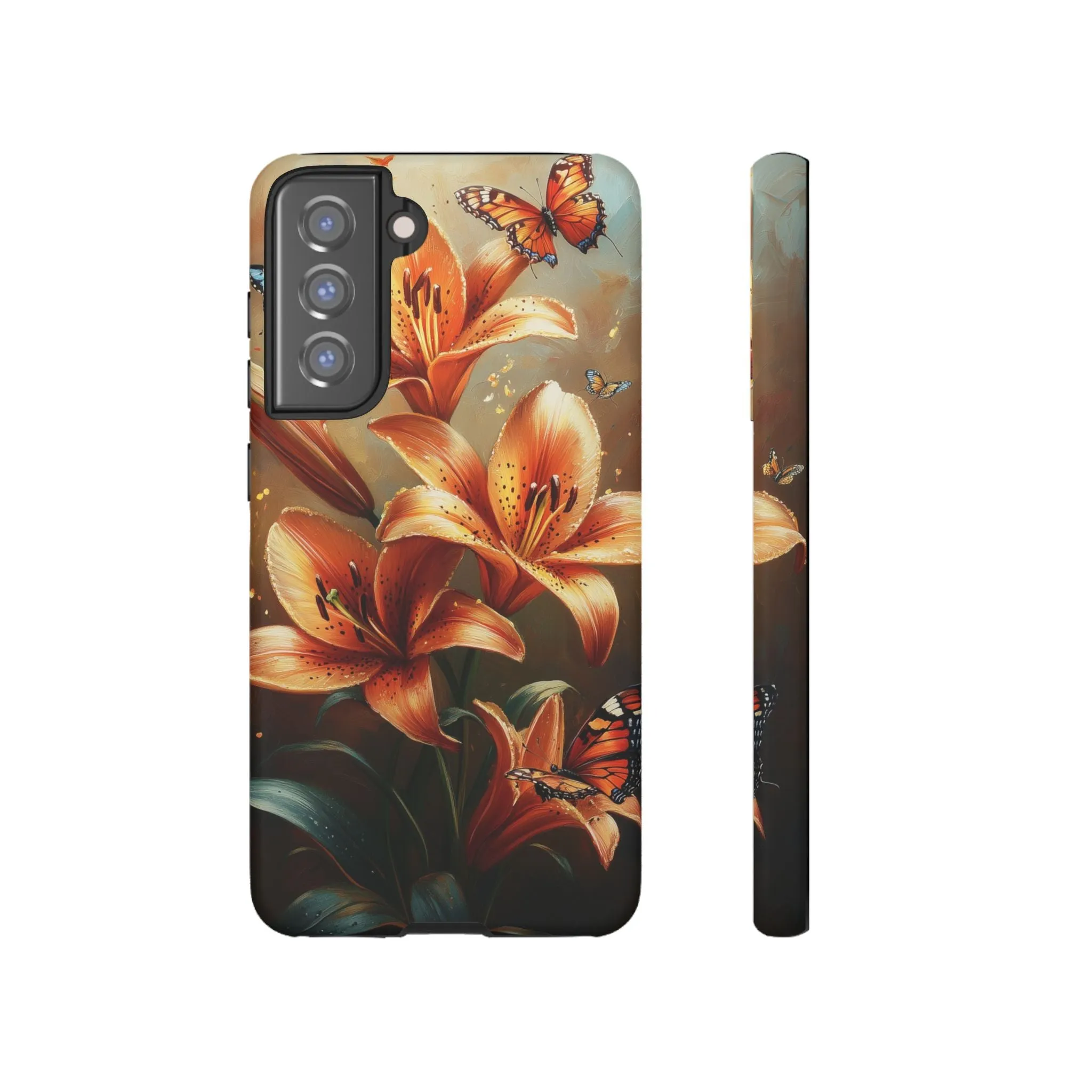 Cute Tiger Lily Tough Phone Case, Flowers Floral Butterfly iPhone 16 15 14 13 Pro Max 12 11 8 Plus X XR XS Galaxy S24 S23 S22 S21 Pixel