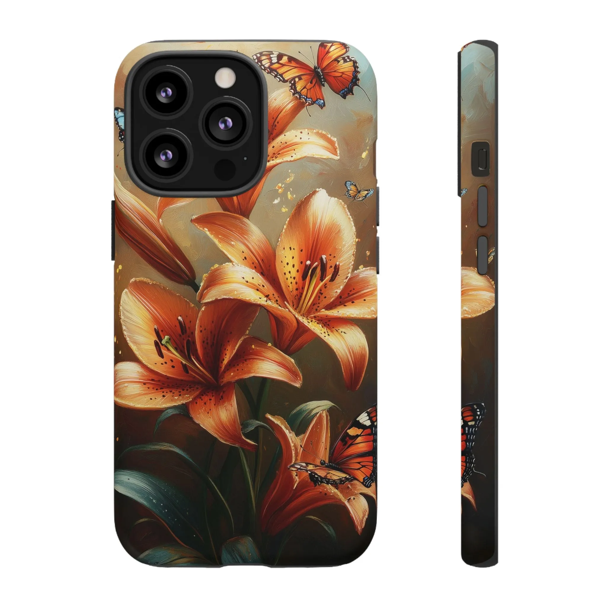 Cute Tiger Lily Tough Phone Case, Flowers Floral Butterfly iPhone 16 15 14 13 Pro Max 12 11 8 Plus X XR XS Galaxy S24 S23 S22 S21 Pixel