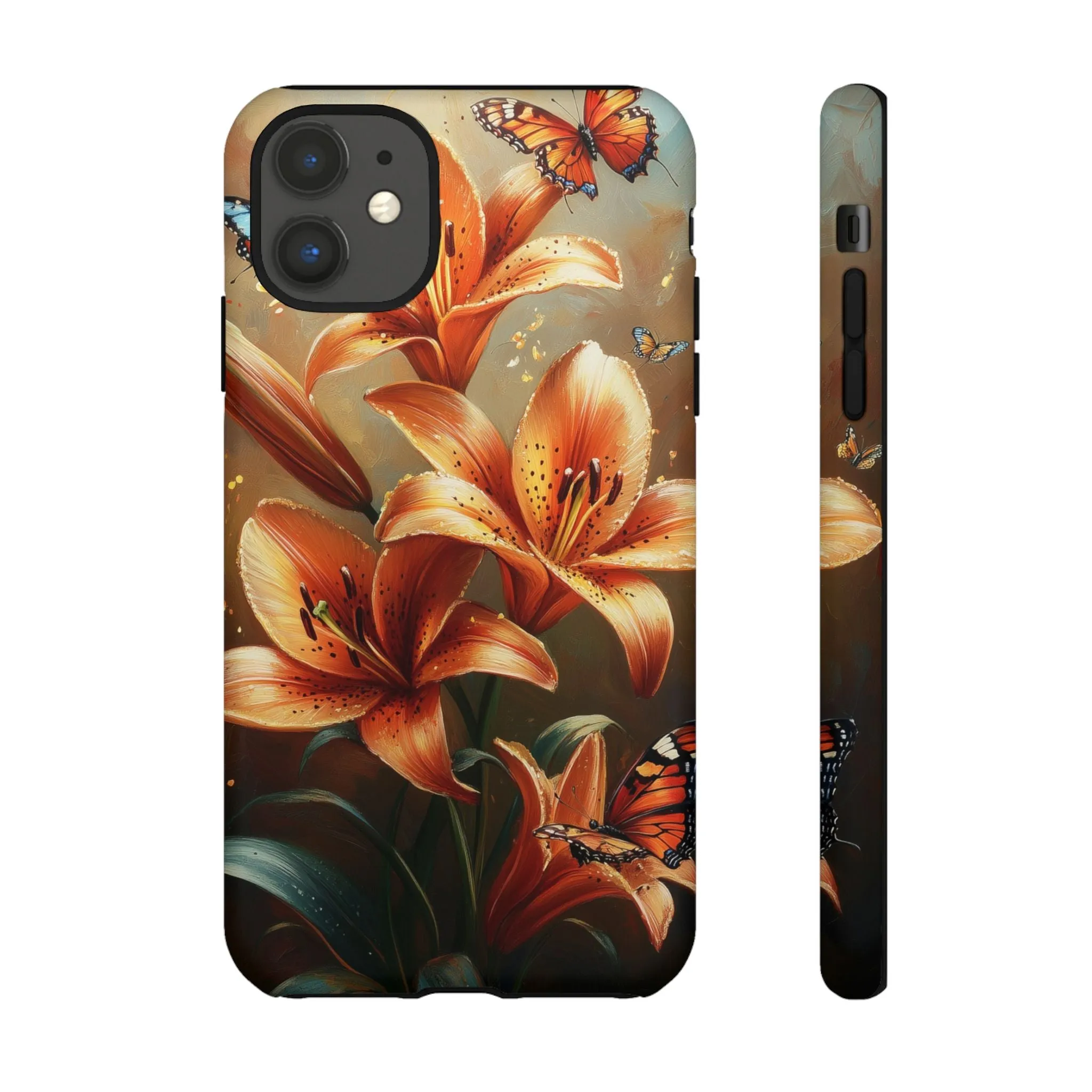 Cute Tiger Lily Tough Phone Case, Flowers Floral Butterfly iPhone 16 15 14 13 Pro Max 12 11 8 Plus X XR XS Galaxy S24 S23 S22 S21 Pixel