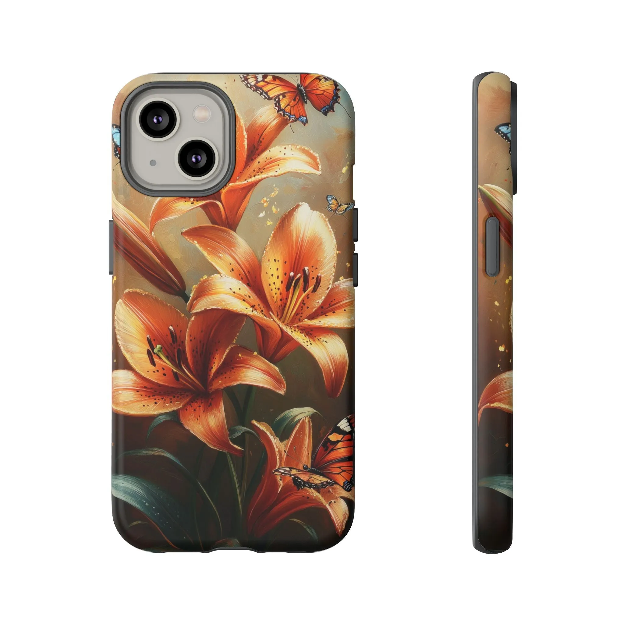 Cute Tiger Lily Tough Phone Case, Flowers Floral Butterfly iPhone 16 15 14 13 Pro Max 12 11 8 Plus X XR XS Galaxy S24 S23 S22 S21 Pixel