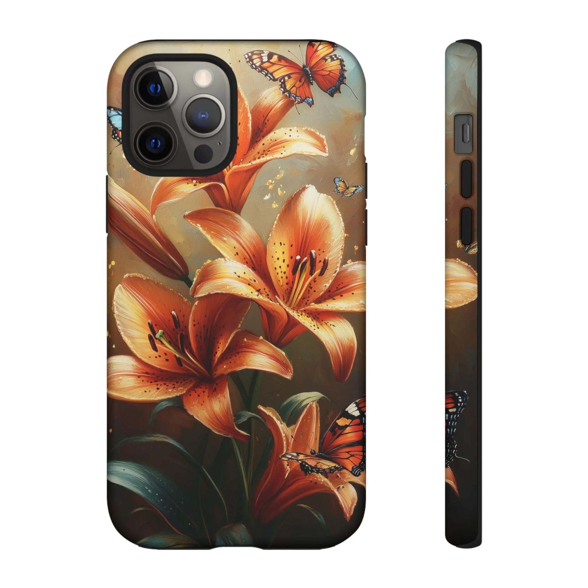 Cute Tiger Lily Tough Phone Case, Flowers Floral Butterfly iPhone 16 15 14 13 Pro Max 12 11 8 Plus X XR XS Galaxy S24 S23 S22 S21 Pixel