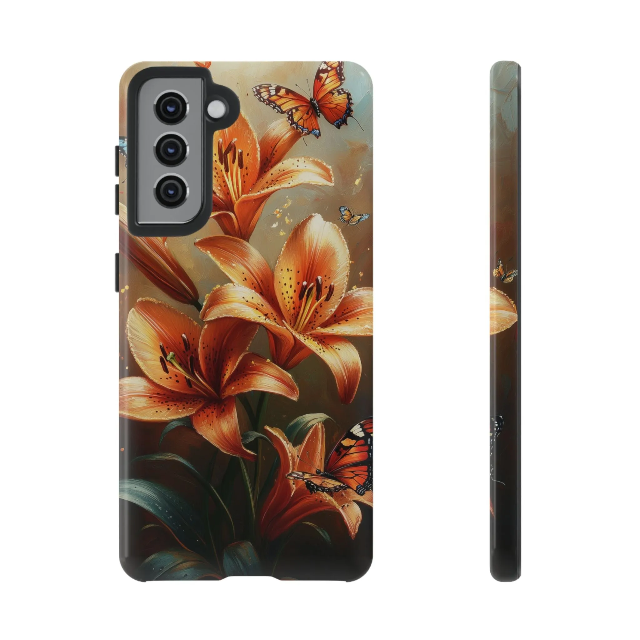 Cute Tiger Lily Tough Phone Case, Flowers Floral Butterfly iPhone 16 15 14 13 Pro Max 12 11 8 Plus X XR XS Galaxy S24 S23 S22 S21 Pixel