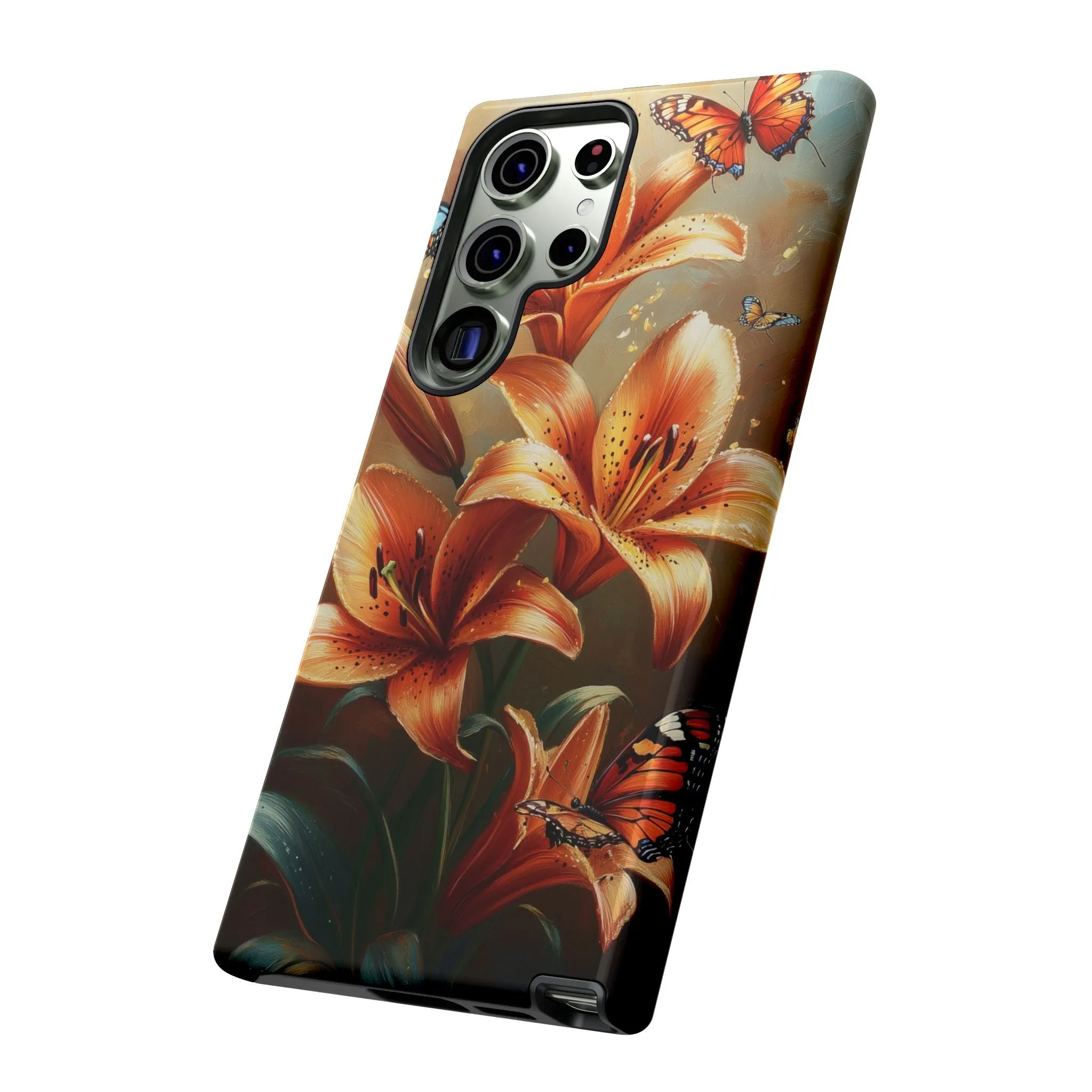 Cute Tiger Lily Tough Phone Case, Flowers Floral Butterfly iPhone 16 15 14 13 Pro Max 12 11 8 Plus X XR XS Galaxy S24 S23 S22 S21 Pixel