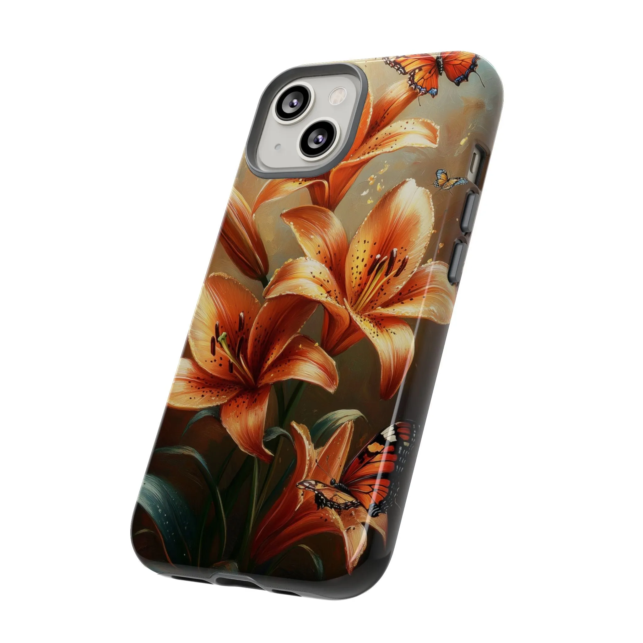 Cute Tiger Lily Tough Phone Case, Flowers Floral Butterfly iPhone 16 15 14 13 Pro Max 12 11 8 Plus X XR XS Galaxy S24 S23 S22 S21 Pixel