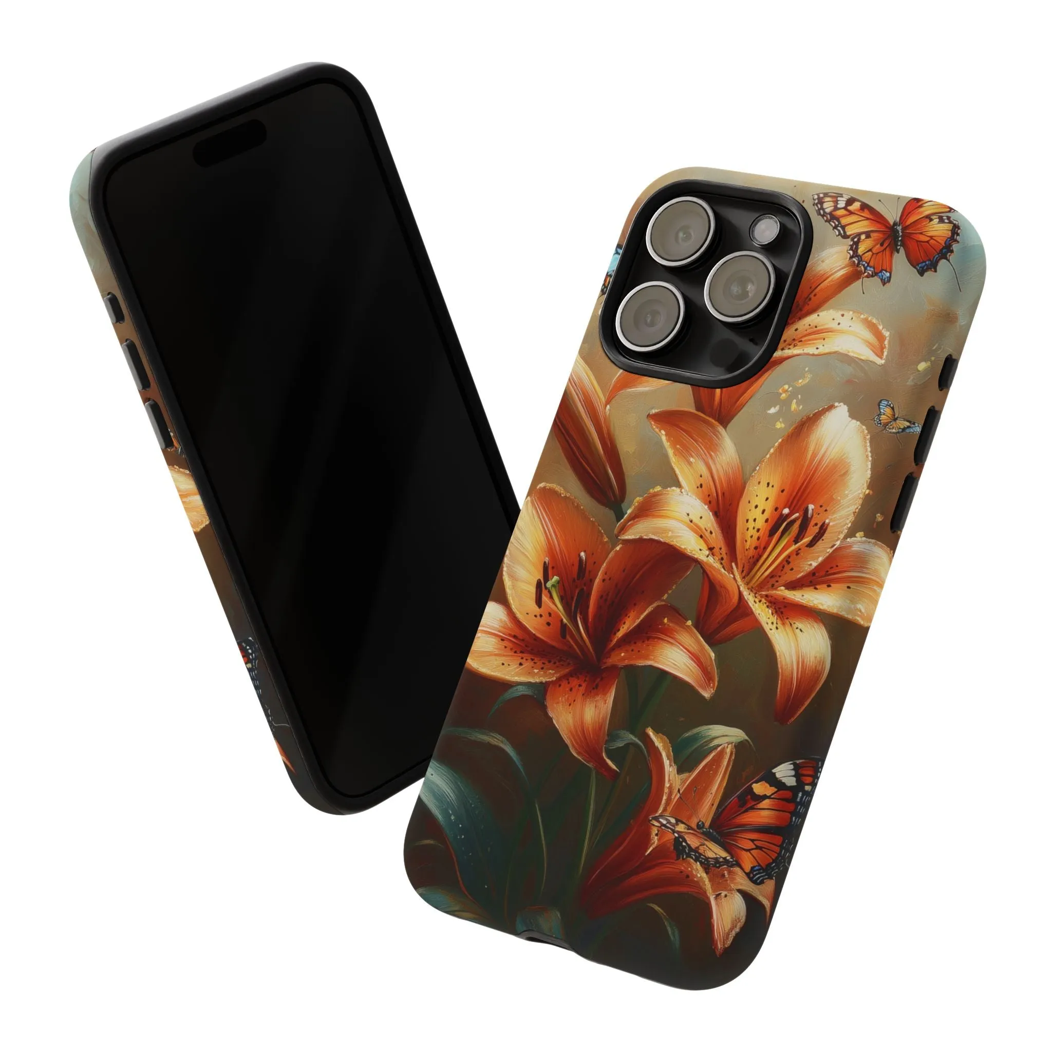 Cute Tiger Lily Tough Phone Case, Flowers Floral Butterfly iPhone 16 15 14 13 Pro Max 12 11 8 Plus X XR XS Galaxy S24 S23 S22 S21 Pixel