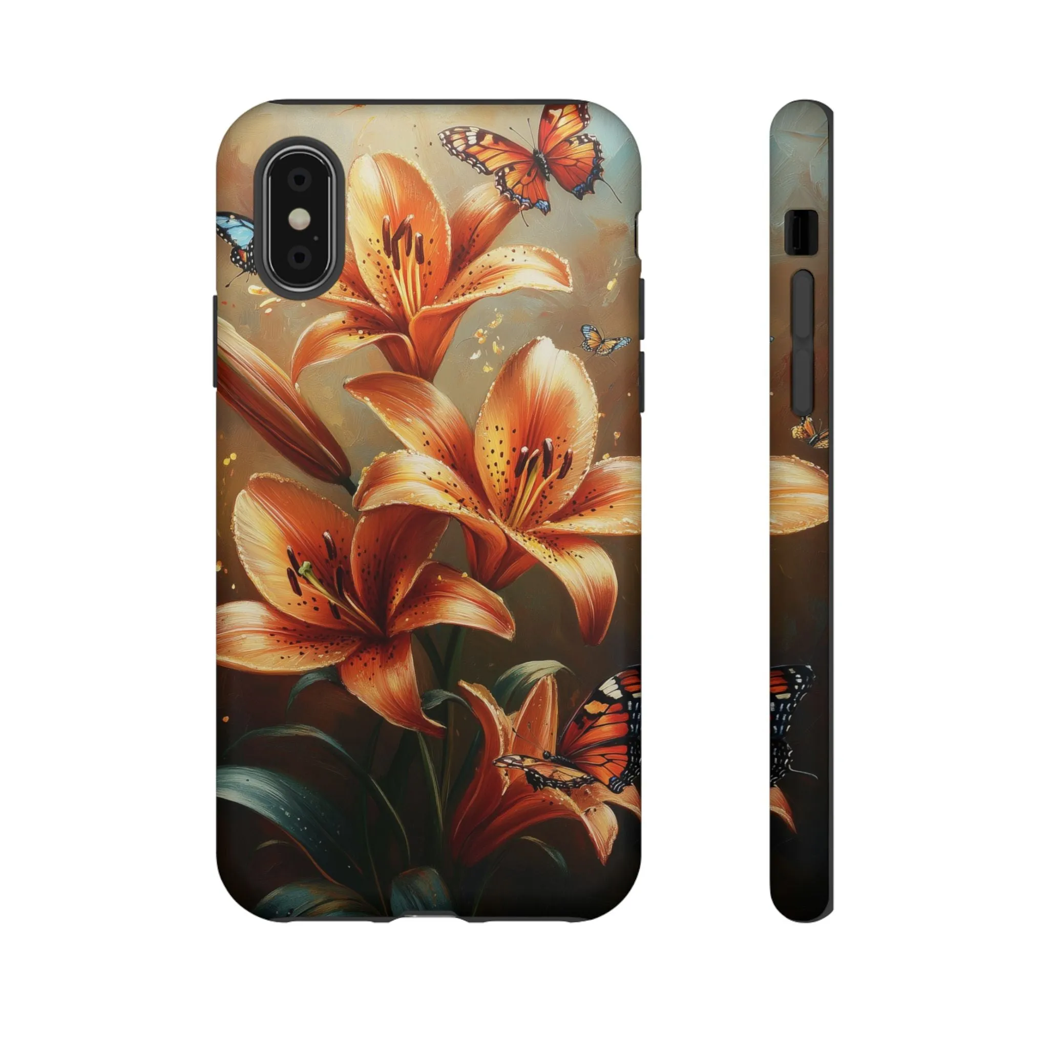 Cute Tiger Lily Tough Phone Case, Flowers Floral Butterfly iPhone 16 15 14 13 Pro Max 12 11 8 Plus X XR XS Galaxy S24 S23 S22 S21 Pixel