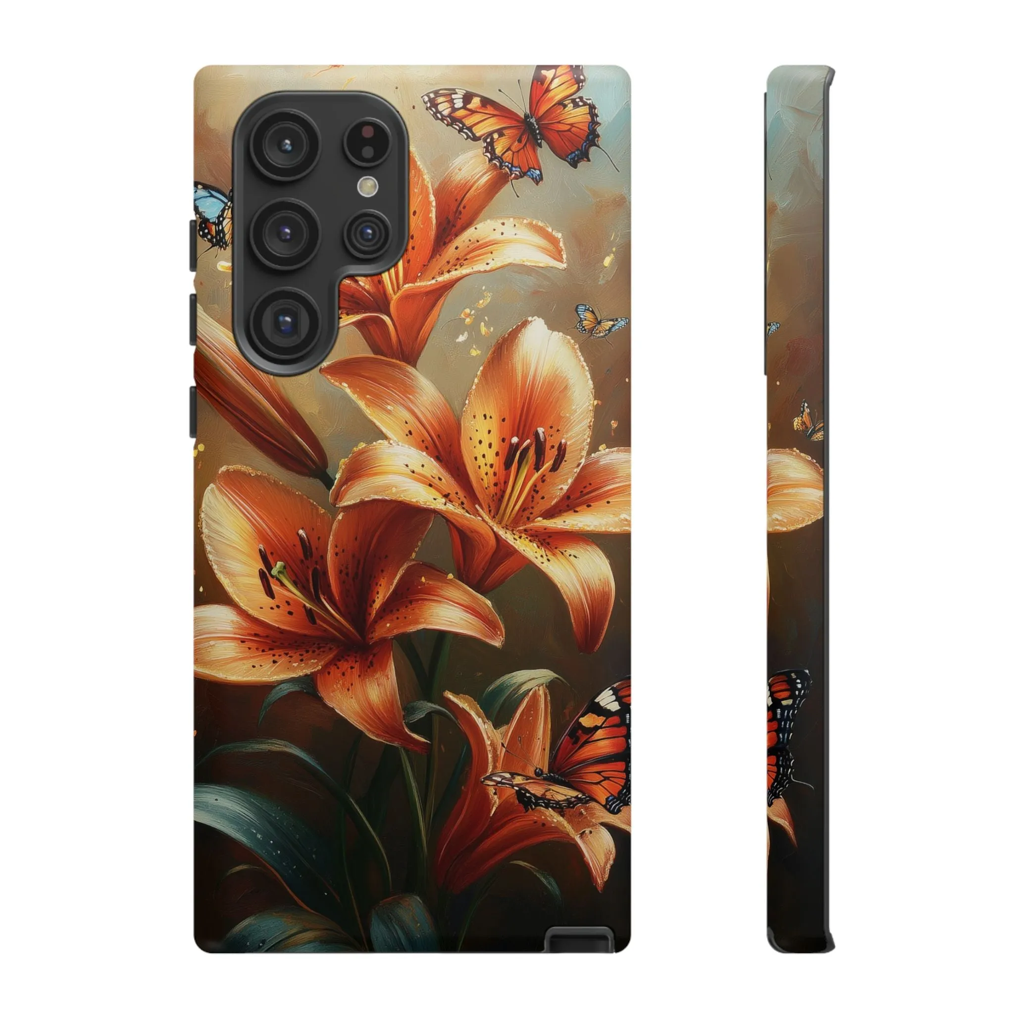 Cute Tiger Lily Tough Phone Case, Flowers Floral Butterfly iPhone 16 15 14 13 Pro Max 12 11 8 Plus X XR XS Galaxy S24 S23 S22 S21 Pixel