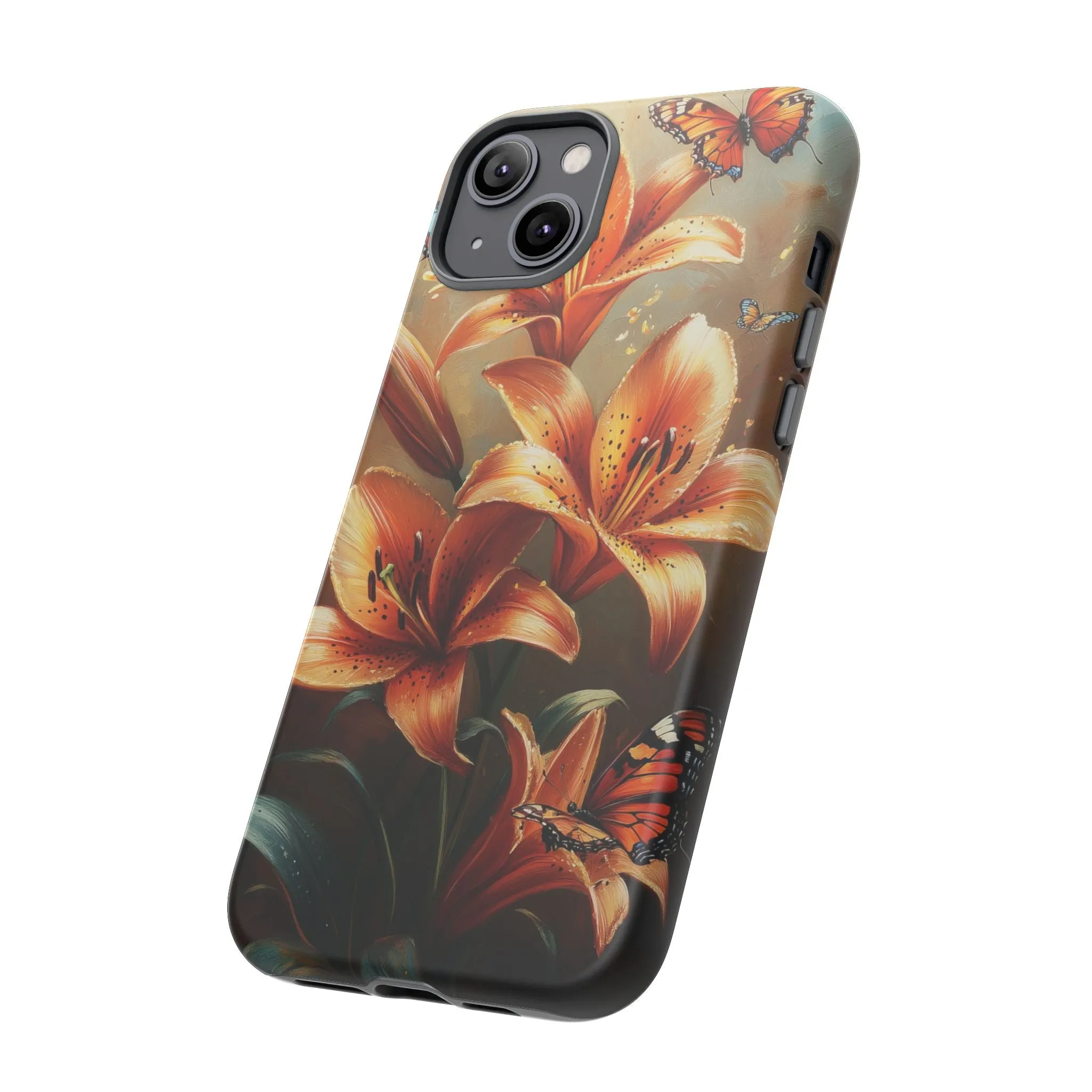 Cute Tiger Lily Tough Phone Case, Flowers Floral Butterfly iPhone 16 15 14 13 Pro Max 12 11 8 Plus X XR XS Galaxy S24 S23 S22 S21 Pixel