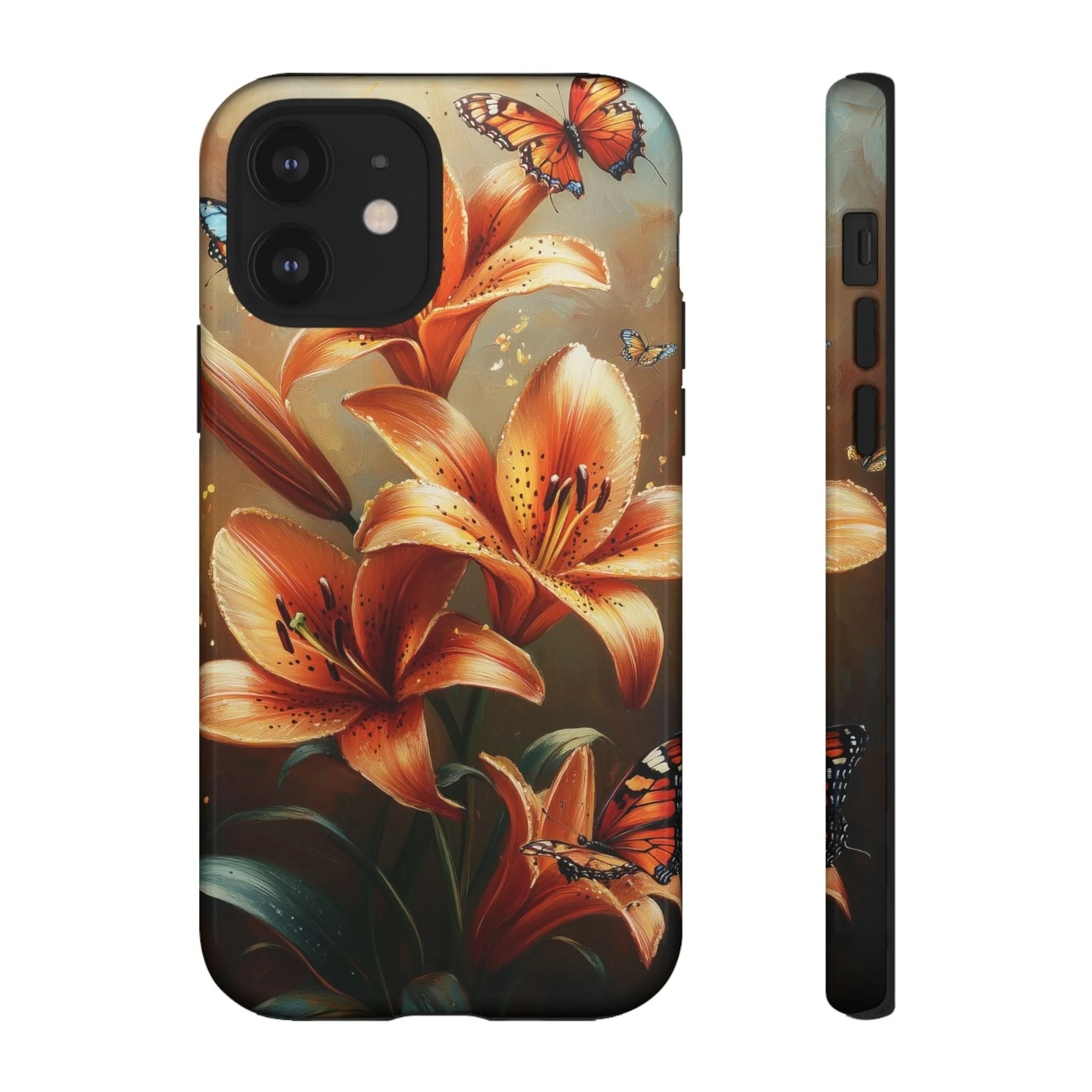 Cute Tiger Lily Tough Phone Case, Flowers Floral Butterfly iPhone 16 15 14 13 Pro Max 12 11 8 Plus X XR XS Galaxy S24 S23 S22 S21 Pixel