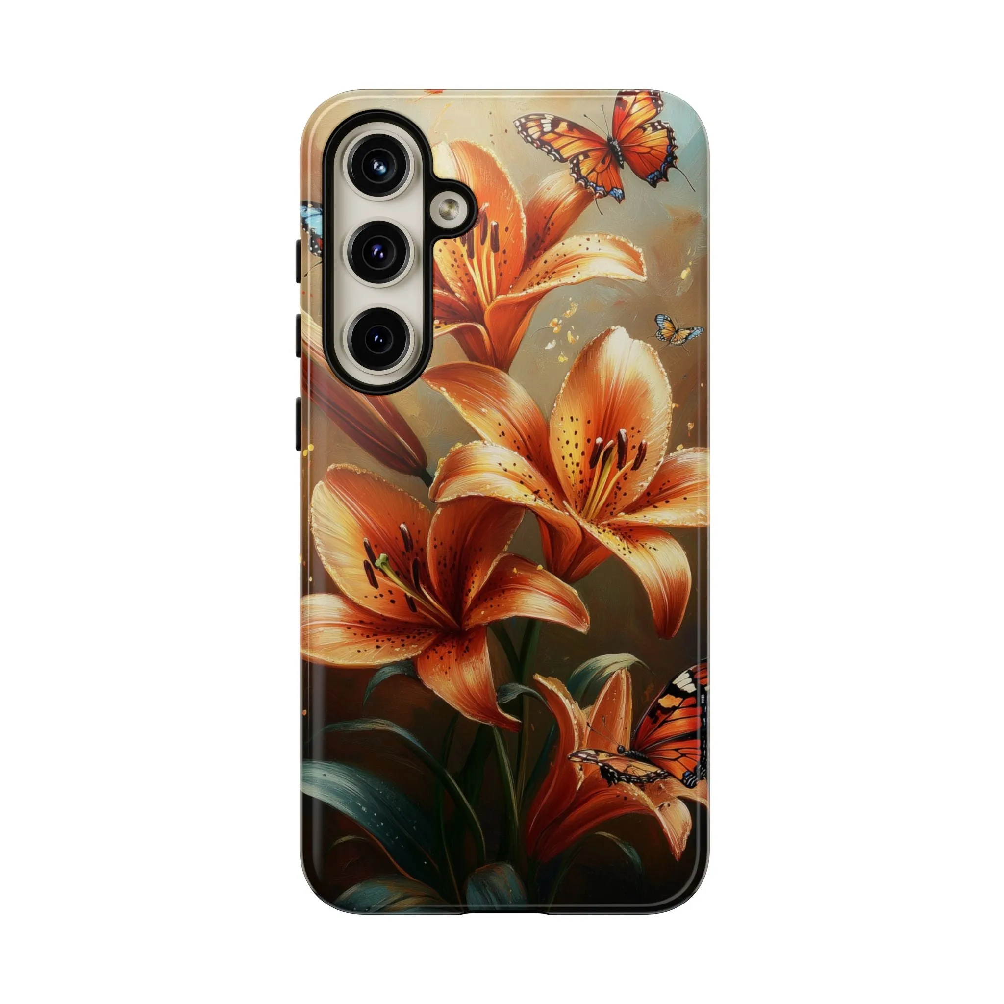 Cute Tiger Lily Tough Phone Case, Flowers Floral Butterfly iPhone 16 15 14 13 Pro Max 12 11 8 Plus X XR XS Galaxy S24 S23 S22 S21 Pixel