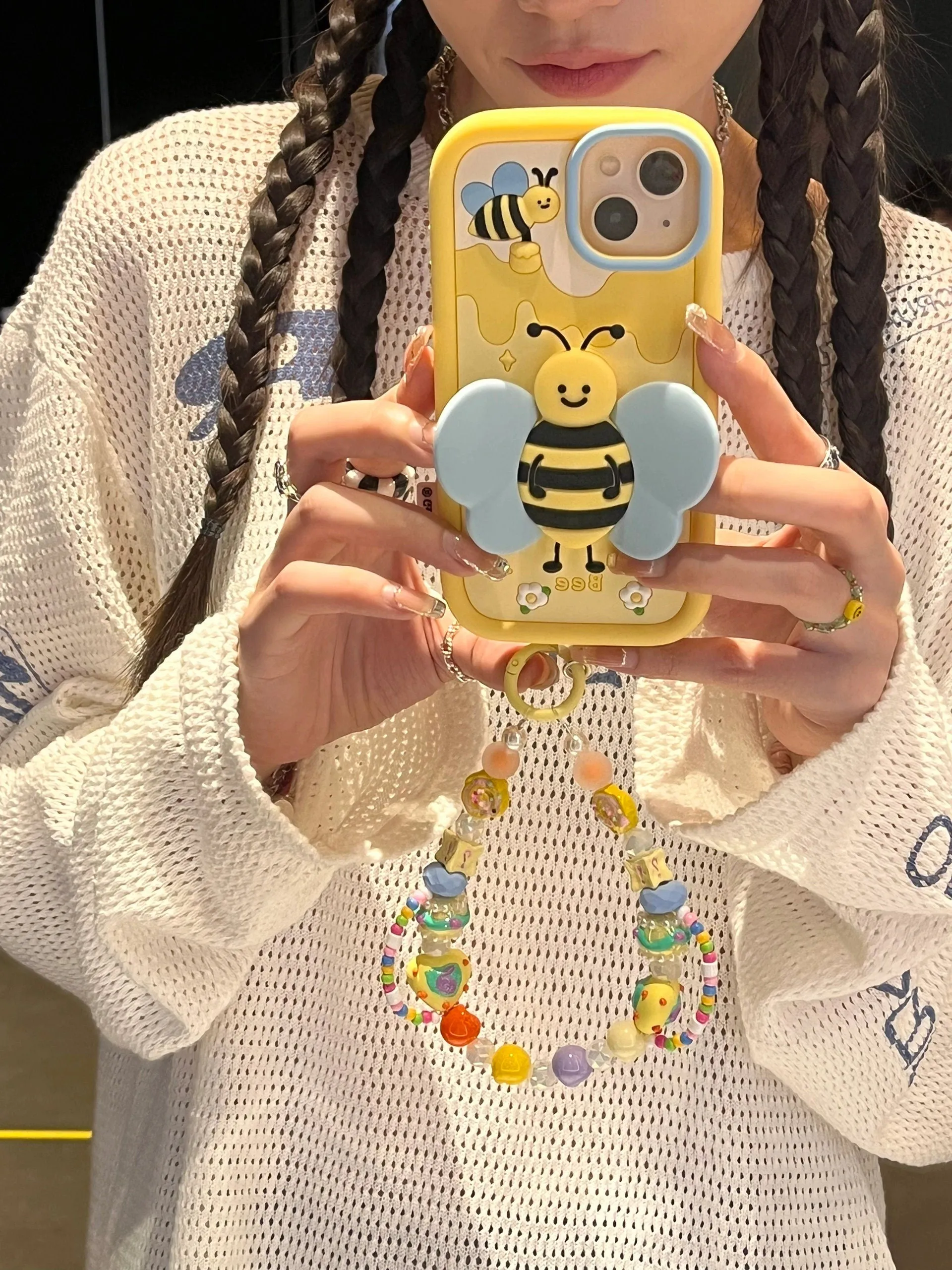 Cute Yellow 3D Foldable Bracket Bee Wings Built in Stand Design Thick Protective   Beaded Strap iPhone Case for iPhone 11 12 13 14 Pro Max