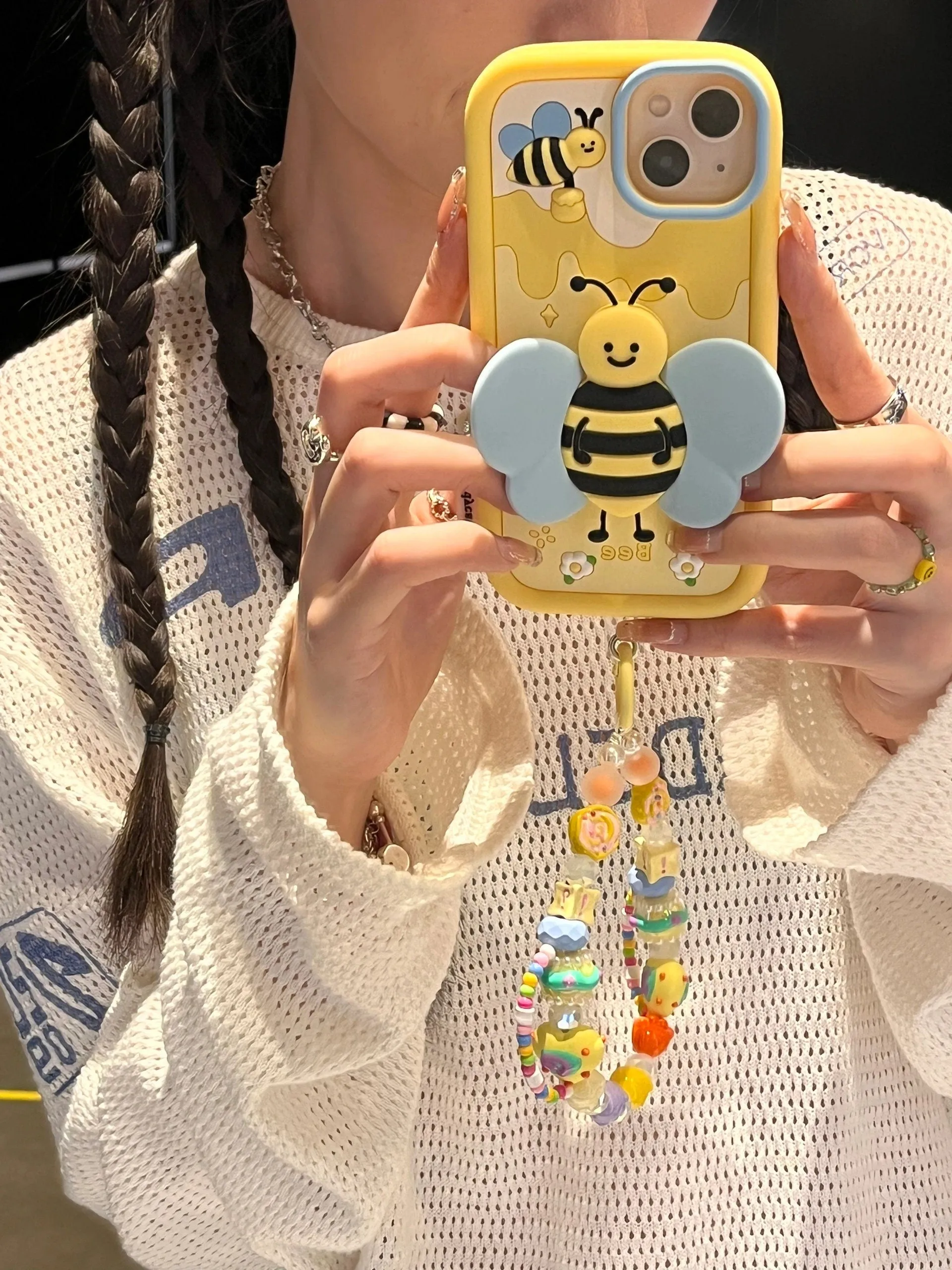 Cute Yellow 3D Foldable Bracket Bee Wings Built in Stand Design Thick Protective   Beaded Strap iPhone Case for iPhone 11 12 13 14 Pro Max