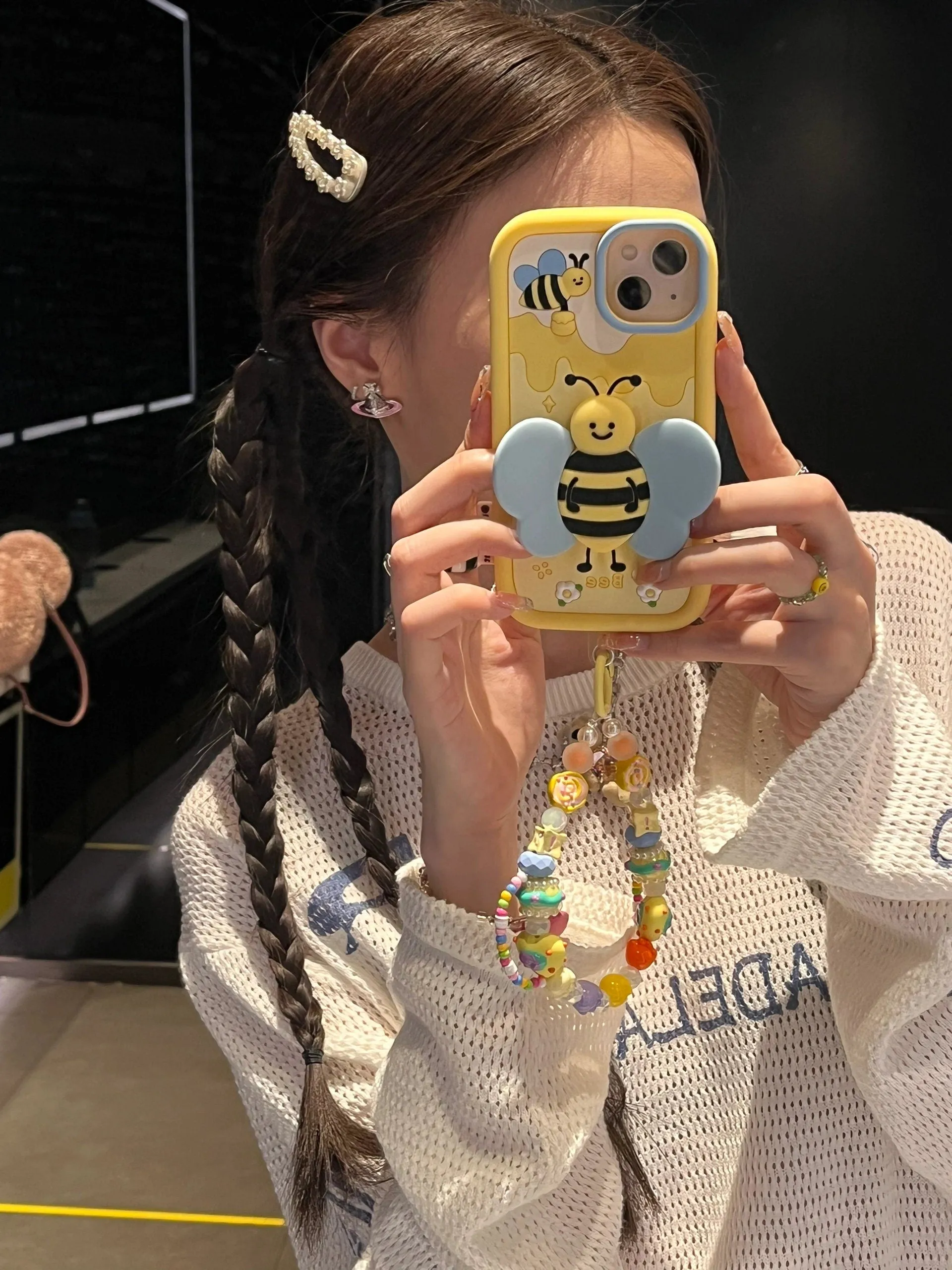 Cute Yellow 3D Foldable Bracket Bee Wings Built in Stand Design Thick Protective   Beaded Strap iPhone Case for iPhone 11 12 13 14 Pro Max