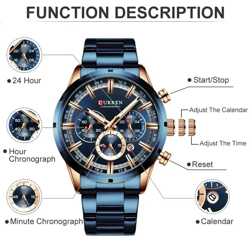 ELEGANCE® 8355 Men Watch Top Brand Luxury Sports Quartz Mens Watches Full Steel Waterproof Chronograph Wristwatch Men Relogio Masculino