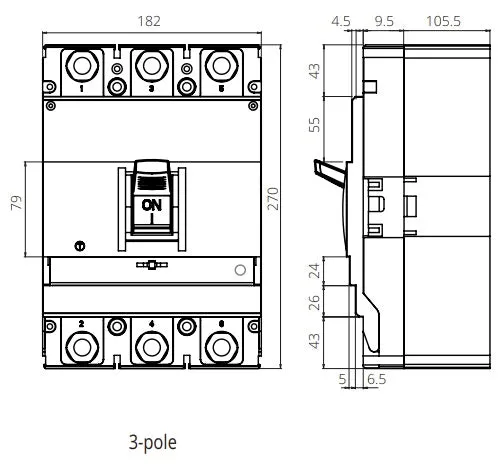 FGM6SM-3P-630H 500A,  3 Pole Moulded Case Circuit Breaker (MCCB) Thermal and Magnetic, Adjustable Type ICS=75kA 500 Amp, 400/690VAC