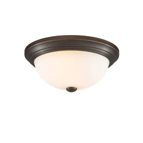 Flush Mounted Fixture - Rubbed Bronze - Etched White Glass - 13in. Diameter - E26 Medium Base