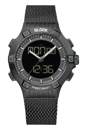 Gents Black Steel Glock Watch with Digital Dial and Mesh Strap