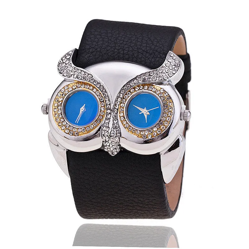 Hot Owl watch Delicate Women Quartz Diamond Watch Double Movement Dress Watch Gift High Quality PU Leather