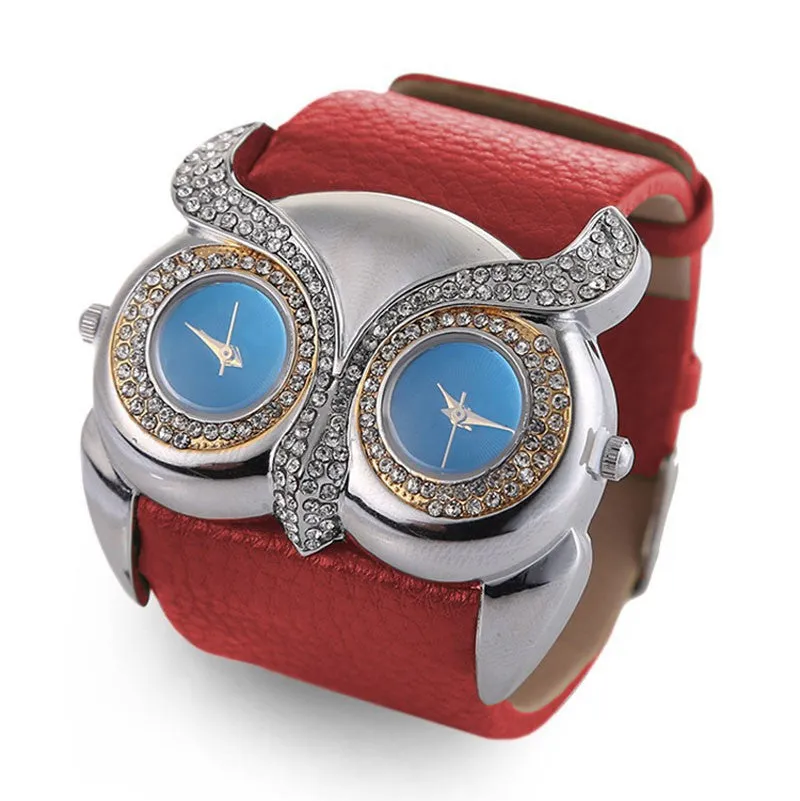 Hot Owl watch Delicate Women Quartz Diamond Watch Double Movement Dress Watch Gift High Quality PU Leather