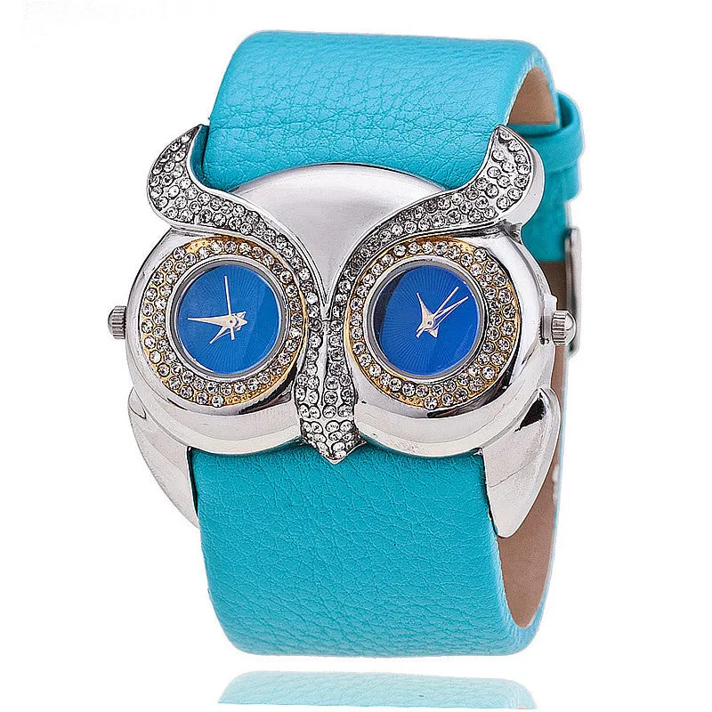 Hot Owl watch Delicate Women Quartz Diamond Watch Double Movement Dress Watch Gift High Quality PU Leather