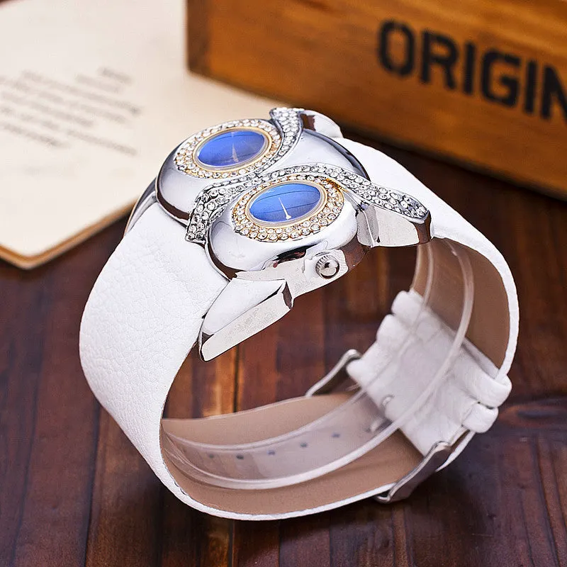 Hot Owl watch Delicate Women Quartz Diamond Watch Double Movement Dress Watch Gift High Quality PU Leather