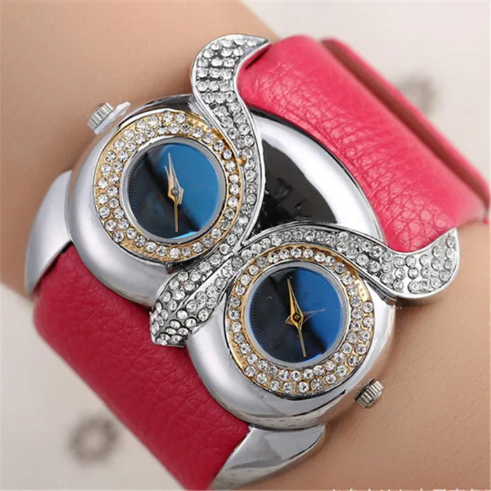 Hot Owl watch Delicate Women Quartz Diamond Watch Double Movement Dress Watch Gift High Quality PU Leather