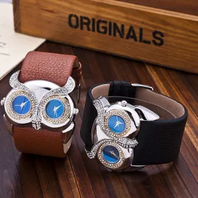 Hot Owl watch Delicate Women Quartz Diamond Watch Double Movement Dress Watch Gift High Quality PU Leather