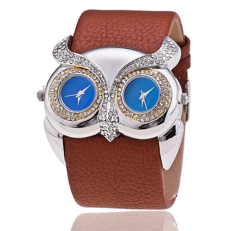 Hot Owl watch Delicate Women Quartz Diamond Watch Double Movement Dress Watch Gift High Quality PU Leather