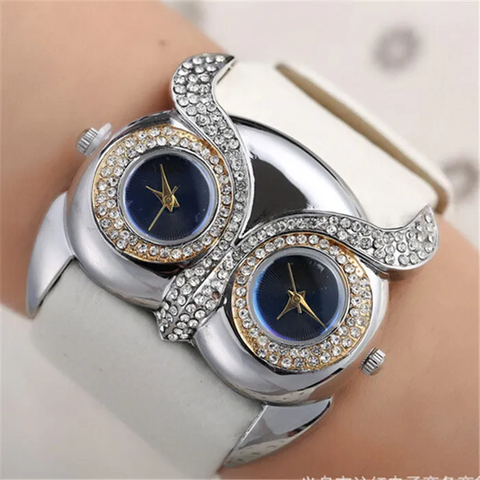 Hot Owl watch Delicate Women Quartz Diamond Watch Double Movement Dress Watch Gift High Quality PU Leather