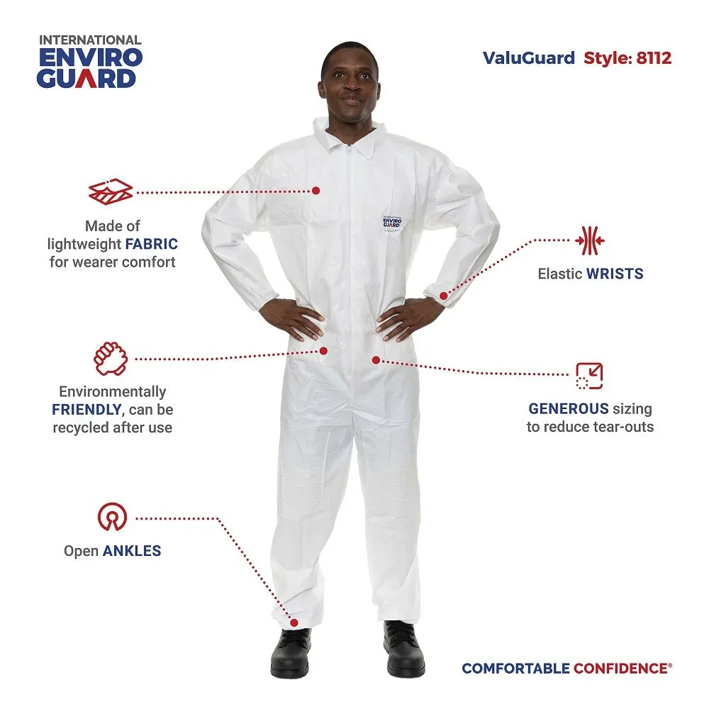 International Enviroguard ValuGuard MP 8112 Lightweight Microporous Coverall, Elastic Wrists, Open Ankles, White, Case of 25