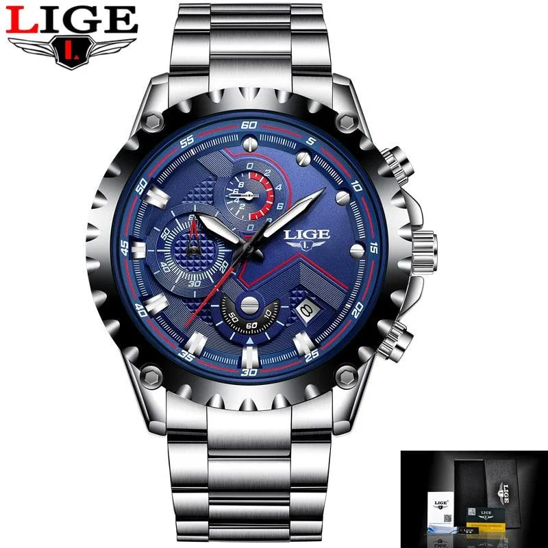 LIGE Brand Men&#39;s Fashion Watches Men Sport Waterproof Quartz Watch Man Full Steel Military Clock Wrist watches Relogio Masculino