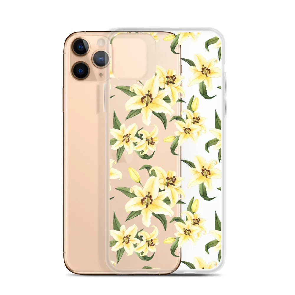 Lily Floral Clear iPhone 16 15 14 13 12 Pro Max Case, Yellow Flower Pattern Transparent Print Cute iPhone 11 Mini SE XS XR X 7 8 Cell Phone