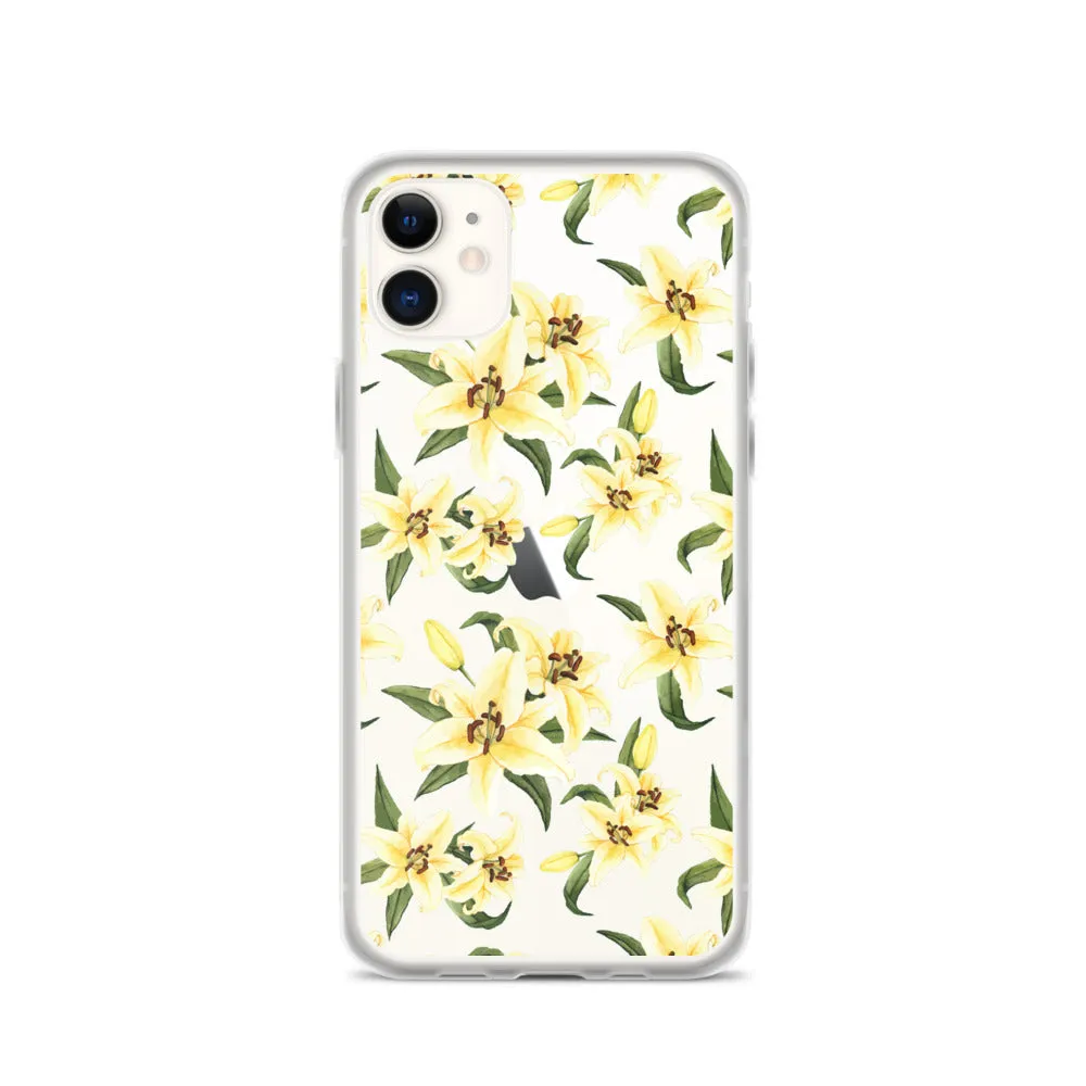 Lily Floral Clear iPhone 16 15 14 13 12 Pro Max Case, Yellow Flower Pattern Transparent Print Cute iPhone 11 Mini SE XS XR X 7 8 Cell Phone