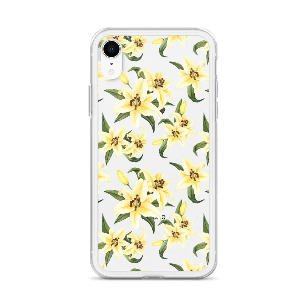 Lily Floral Clear iPhone 16 15 14 13 12 Pro Max Case, Yellow Flower Pattern Transparent Print Cute iPhone 11 Mini SE XS XR X 7 8 Cell Phone