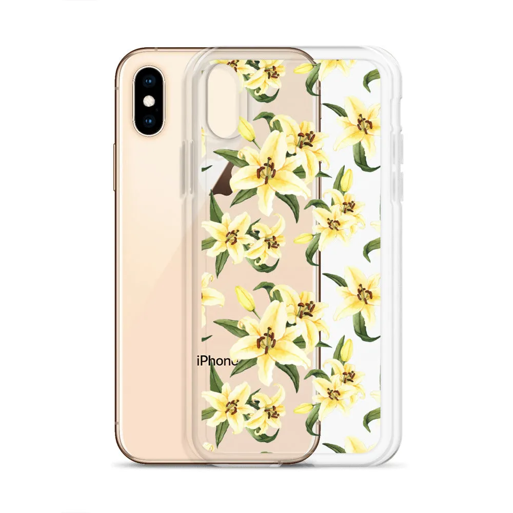 Lily Floral Clear iPhone 16 15 14 13 12 Pro Max Case, Yellow Flower Pattern Transparent Print Cute iPhone 11 Mini SE XS XR X 7 8 Cell Phone