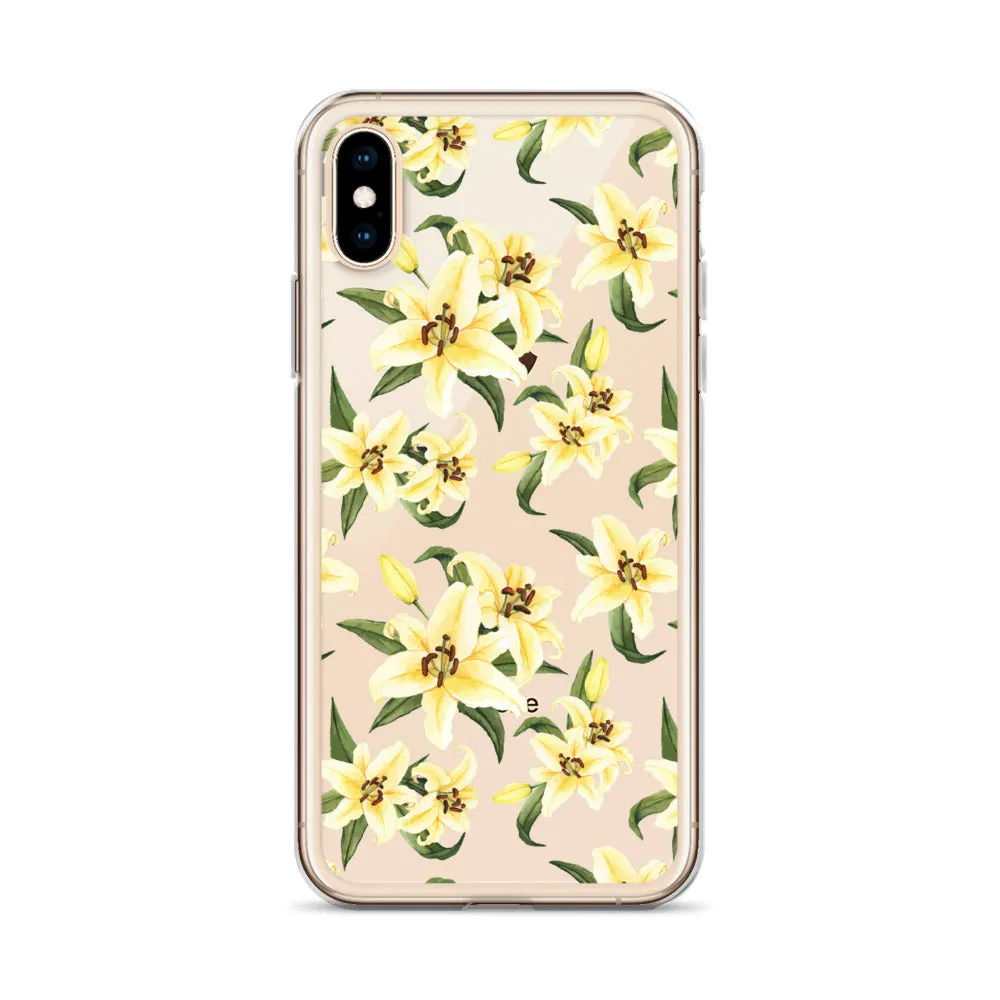 Lily Floral Clear iPhone 16 15 14 13 12 Pro Max Case, Yellow Flower Pattern Transparent Print Cute iPhone 11 Mini SE XS XR X 7 8 Cell Phone