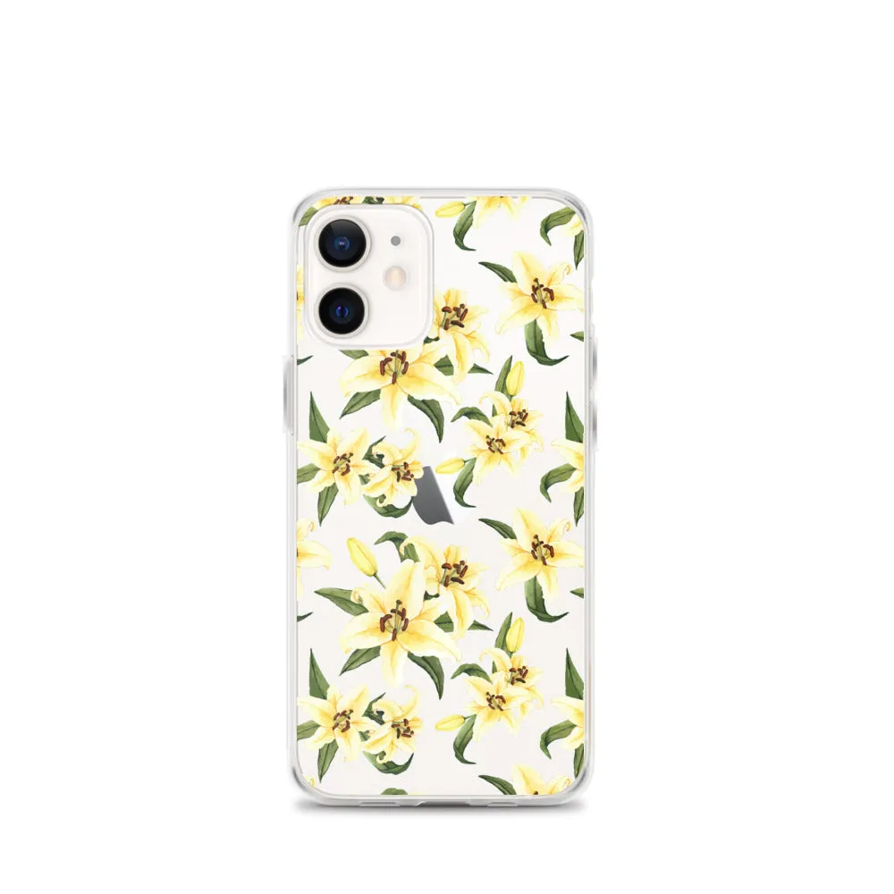 Lily Floral Clear iPhone 16 15 14 13 12 Pro Max Case, Yellow Flower Pattern Transparent Print Cute iPhone 11 Mini SE XS XR X 7 8 Cell Phone