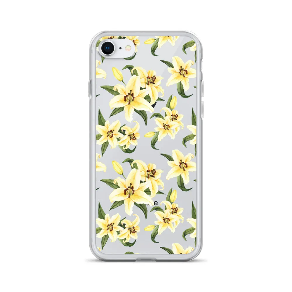 Lily Floral Clear iPhone 16 15 14 13 12 Pro Max Case, Yellow Flower Pattern Transparent Print Cute iPhone 11 Mini SE XS XR X 7 8 Cell Phone