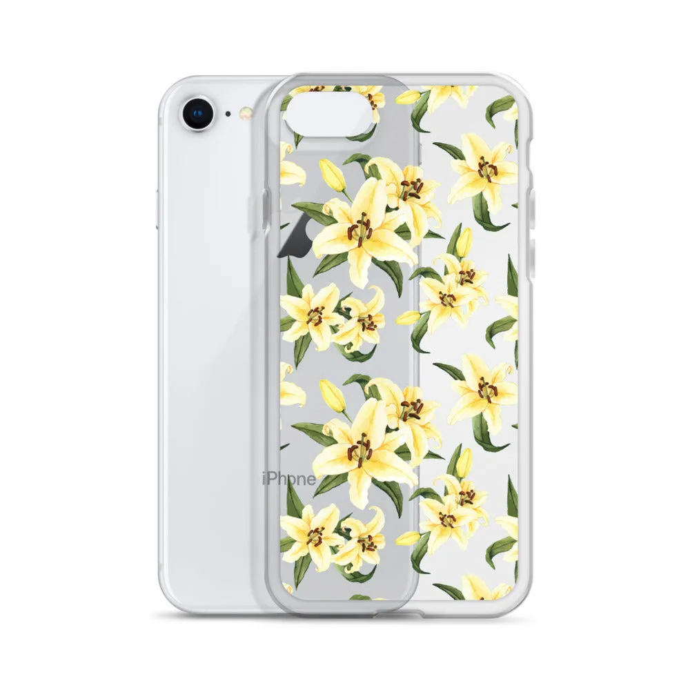 Lily Floral Clear iPhone 16 15 14 13 12 Pro Max Case, Yellow Flower Pattern Transparent Print Cute iPhone 11 Mini SE XS XR X 7 8 Cell Phone