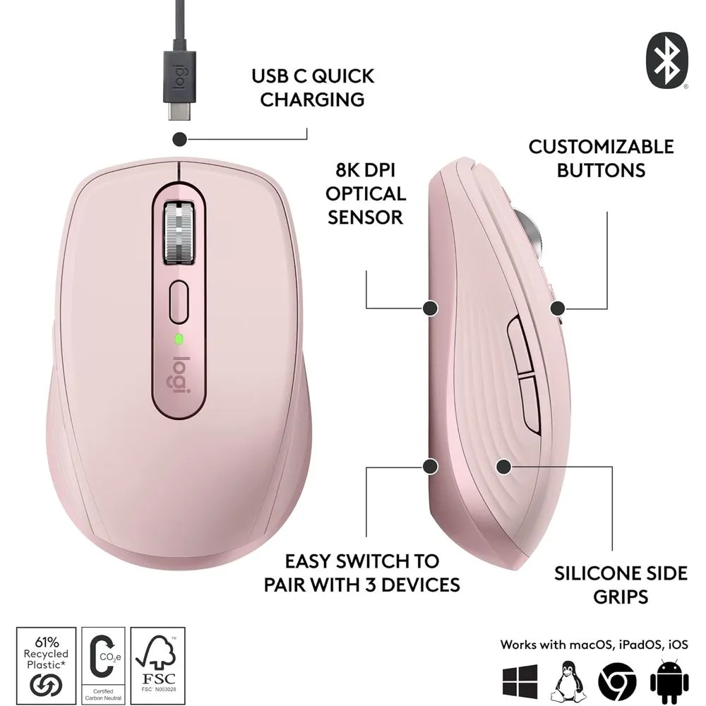 Logitech 910-006927 MX Anywhere 3S Compact Wireless Mouse, Fast Scrolling, 8K DPI Tracking, Quiet Clicks, USB C, Bluetooth, Windows PC, Linux, Chrome, Mac - Rose