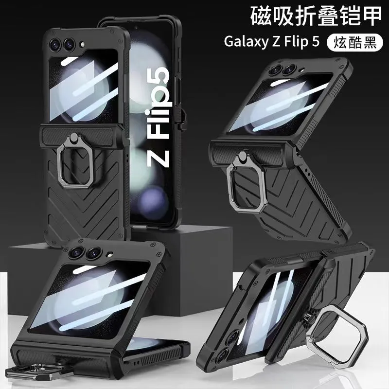 Magnetic Armor Shockproof Phone Case With Rotating Metal Ring Stand Holder For Samsung Galaxy Z Flip 5