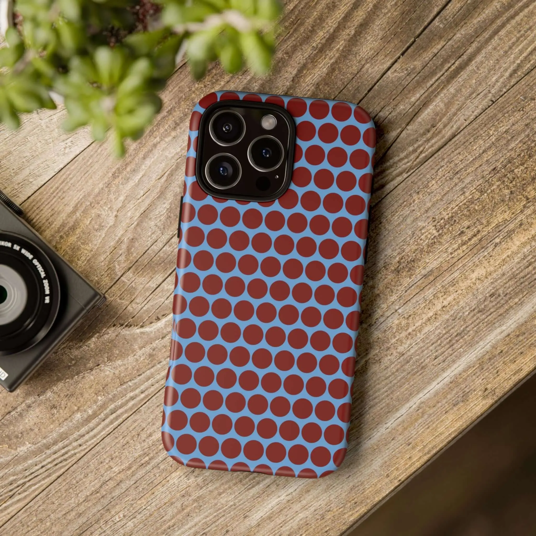 Maroon Dot, Light blue B/Ground Polka Dot Tough Phone Case for iPhone, Samsung, and Google Phones