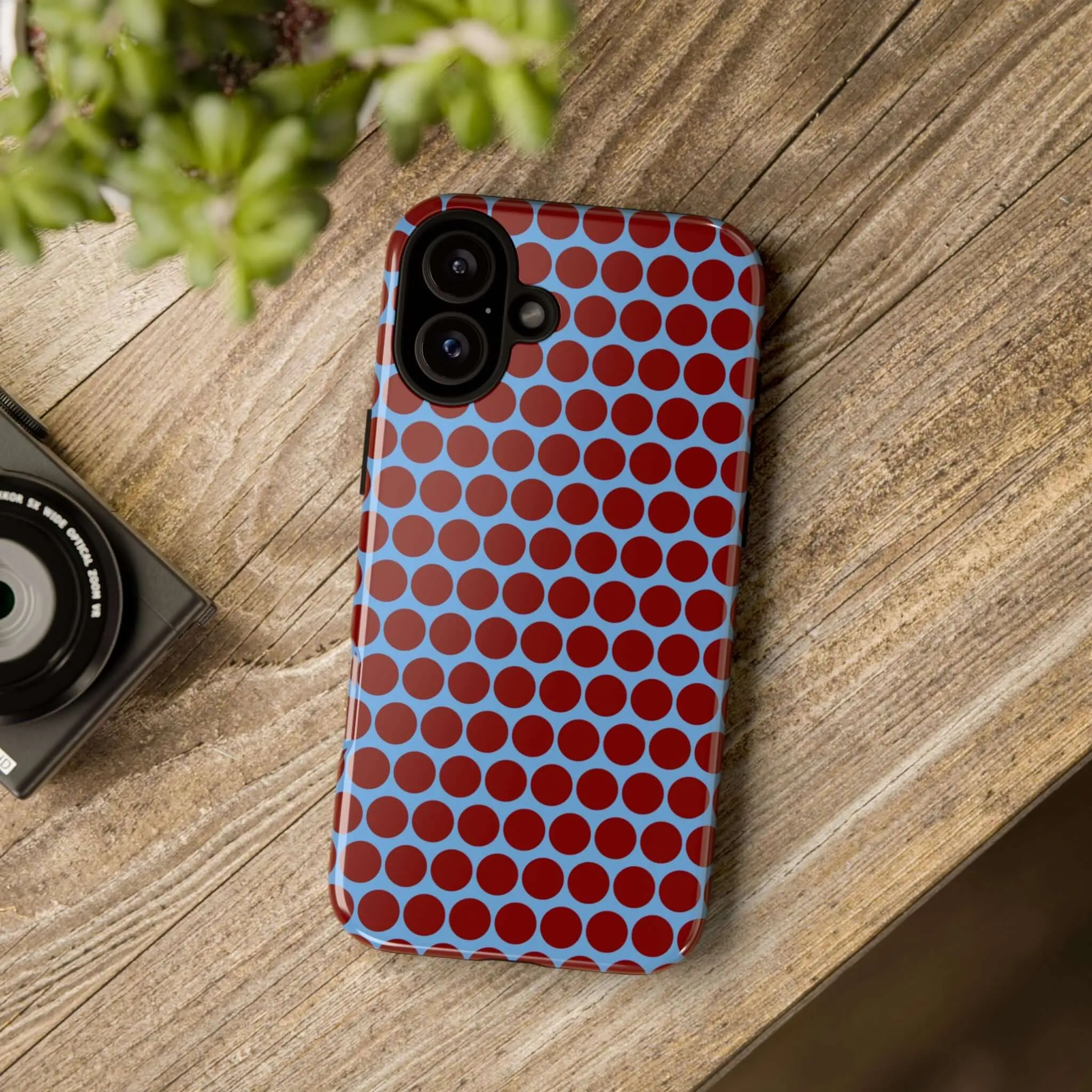 Maroon Dot, Light blue B/Ground Polka Dot Tough Phone Case for iPhone, Samsung, and Google Phones