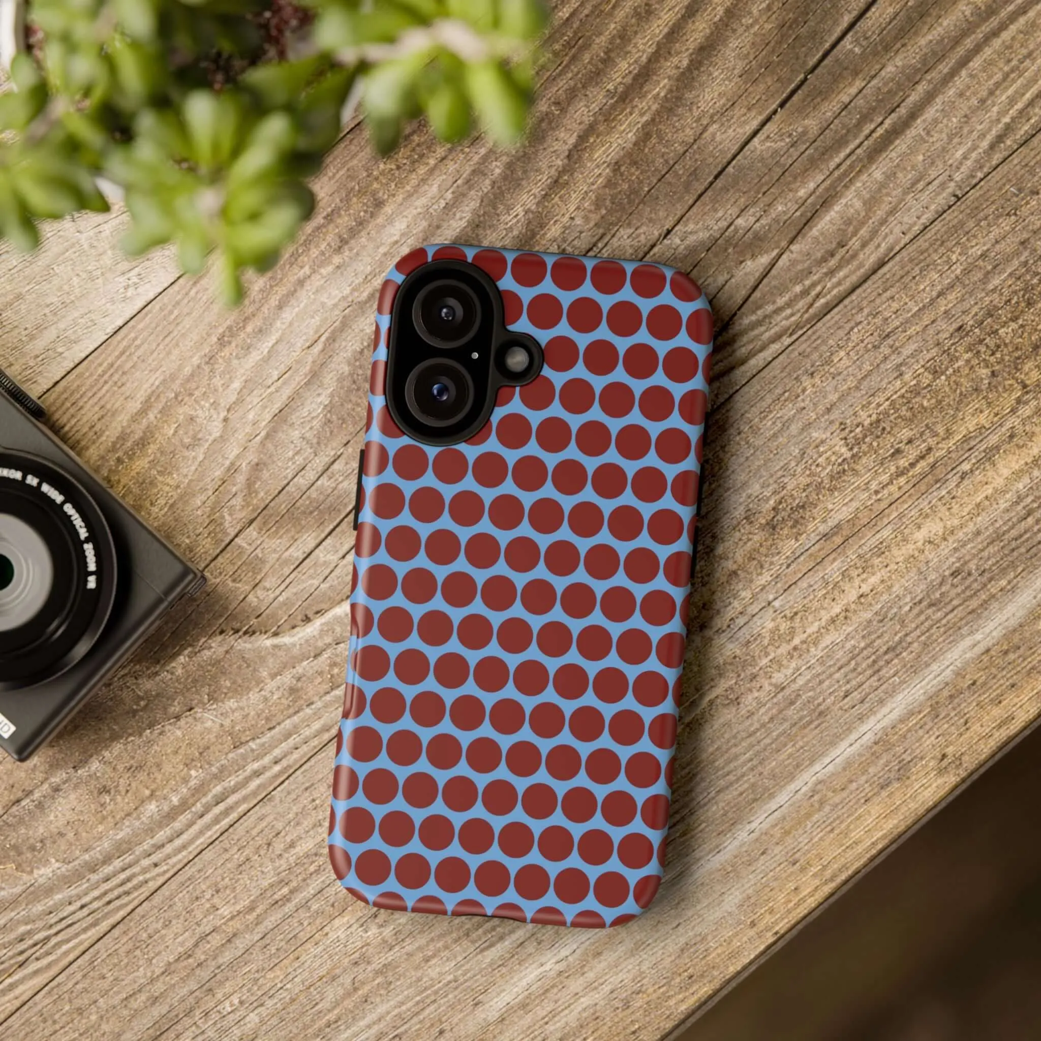 Maroon Dot, Light blue B/Ground Polka Dot Tough Phone Case for iPhone, Samsung, and Google Phones