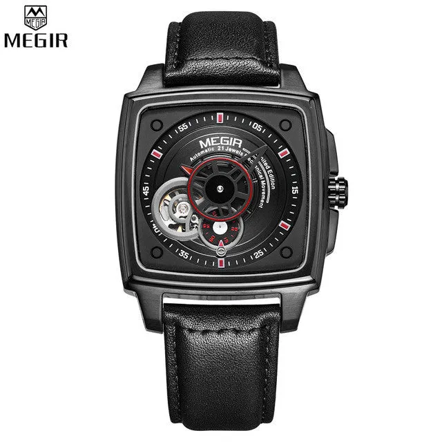 MEGIR Automatic Mechanical Men Watches Black Silver Dial Black Leather Band Watch Men Wristwatch Relogio Masculino