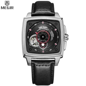 MEGIR Automatic Mechanical Men Watches Black Silver Dial Black Leather Band Watch Men Wristwatch Relogio Masculino